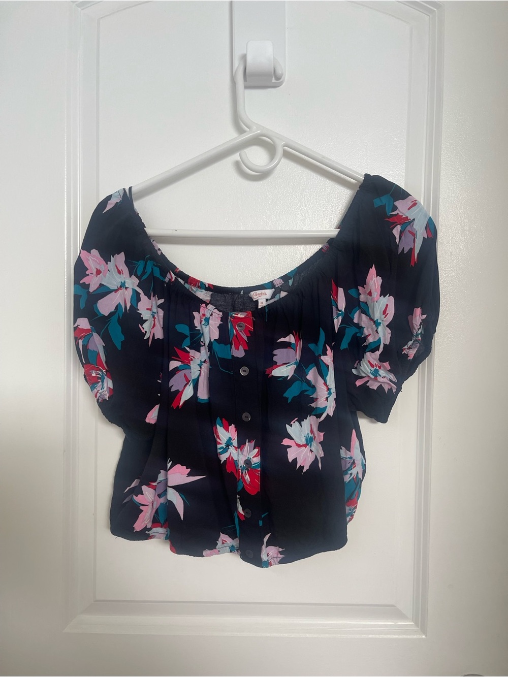 3 for $15 - Candie's Navy Floral Off-Shoulder Button Blouse